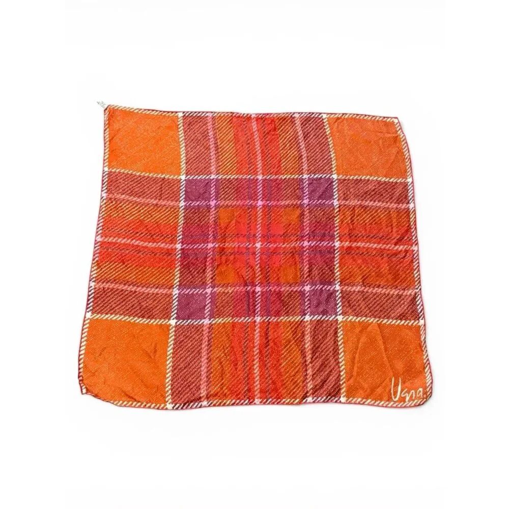 Vintage Vera Neumann Scarf Silk Blend Plaid Orange Red White Purple 26” x 26”